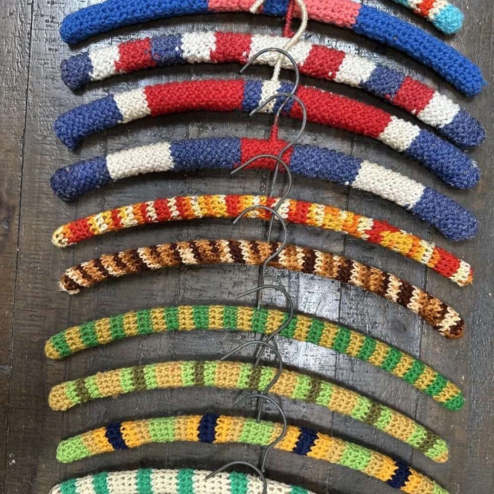 Lot 18 Vintage Crochet Covered Wooden Clothes Hangers Colorful Grannycore
